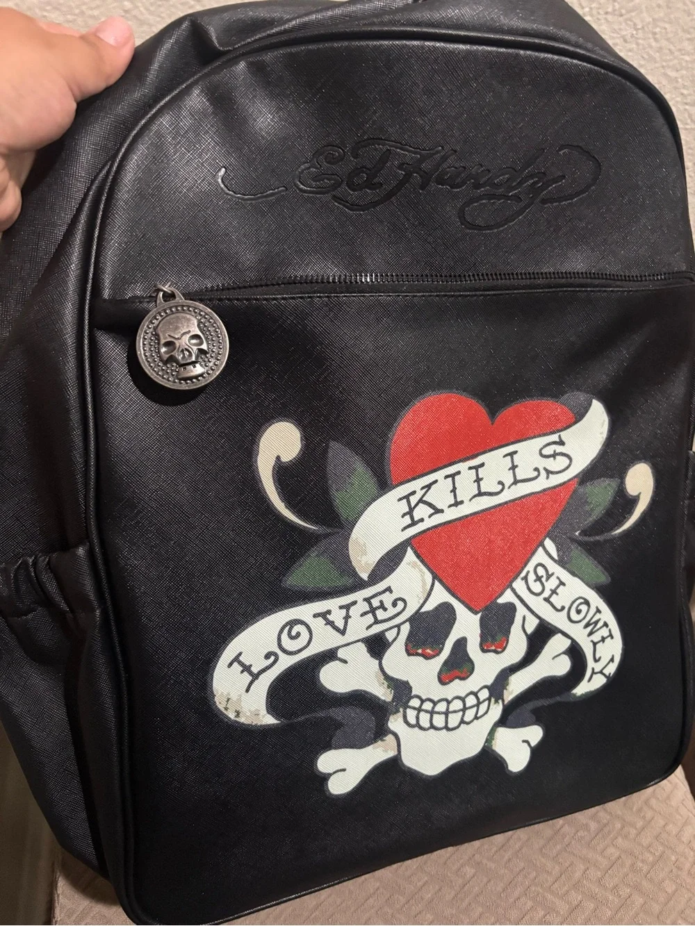Ed Hardy Unisex Black Backpack with Red Heart and White Skull Graphic